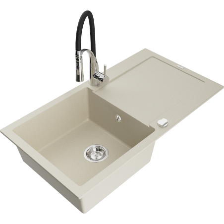 Mexen Leo granite sink 1-bowl with drainer and Aster kitchen tap, beige - 6501-69-73450-07