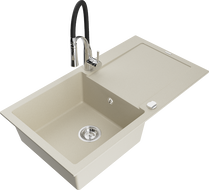 Mexen Leo évier en granit 1 bac avec égouttoir et robinet de cuisine Aster, beige - 6501-69-73450-07