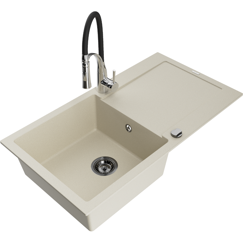 Mexen Leo fregadero de granito de 1 cubeta con escurridor y grifo de cocina Aster, beige - 6501-69-73450-07-B