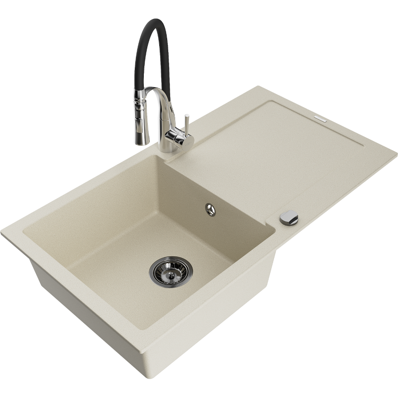 Mexen Leo granieten gootsteen 1-kommer met afdruiprek en keukenmengkraan Aster, beige - 6501-69-73450-07-B
