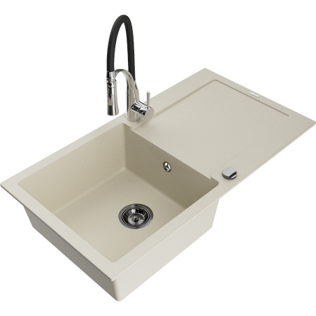 Mexen Leo évier en granit 1 bac avec égouttoir et robinet de cuisine Aster, beige - 6501-69-73450-07-B
