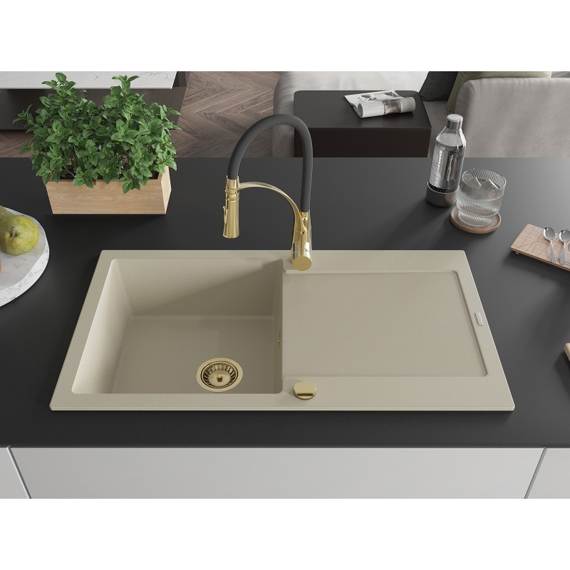 Mexen Leo fregadero de granito de 1 seno con escurridor y grifo de cocina Aster, beige - 6501-69-73450-57-G