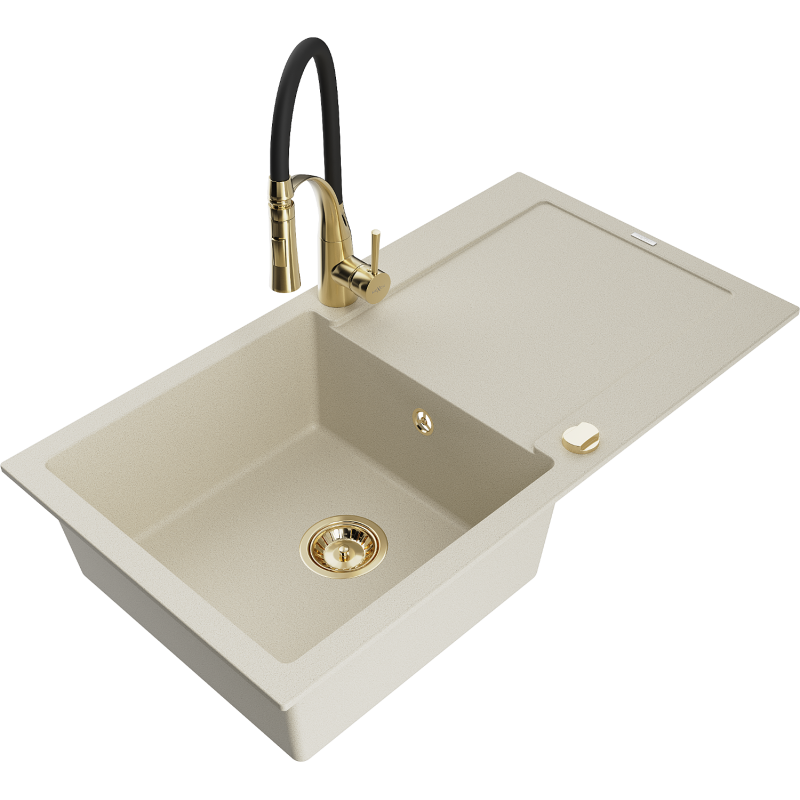 Mexen Leo évier en granit 1 bac avec égouttoir et robinet de cuisine Aster, beige - 6501-69-73450-57-G