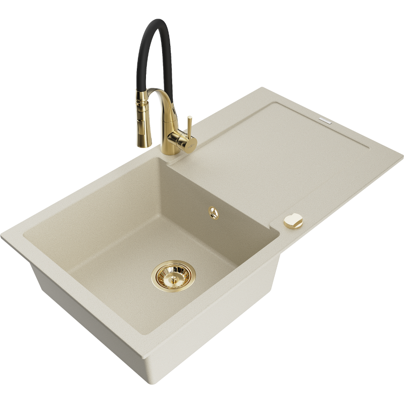 Mexen Leo granite sink single-bowl with drainer and Aster kitchen tap, beige - 6501-69-73450-57-G
