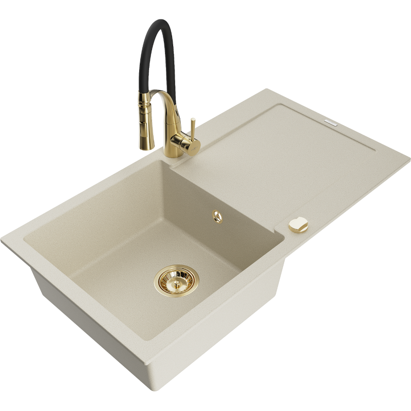 Mexen Leo Granitspüle 1-beckig mit Abtropffläche und Küchenarmatur Aster, beige - 6501-69-73450-57-G