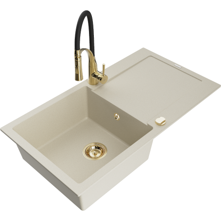 Mexen Leo granite sink single-bowl with drainer and Aster kitchen tap, beige - 6501-69-73450-57-G