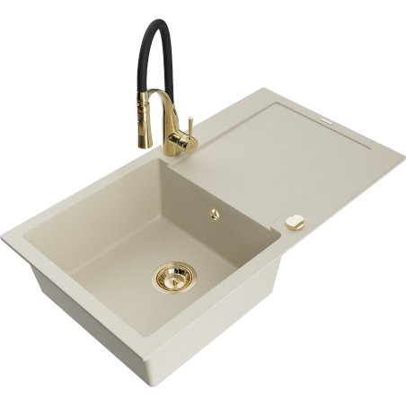 Mexen Leo Granitspüle 1-beckig mit Abtropffläche und Küchenarmatur Aster, beige - 6501-69-73450-57-G