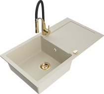 Mexen Leo granieten spoelbak met 1 bak, afdruiprek en keukenmengkraan Aster, beige - 6501-69-73450-57-G