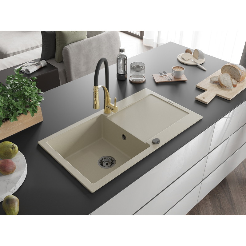 Mexen Leo fregadero de granito de 1 cubeta con escurridor y grifo de cocina Aster, beige - 6501-69-73450-57-B