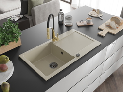 Mexen Leo lavello in granito a 1 vasca con scolapiatti e miscelatore da cucina Aster, beige - 6501-69-73450-57-B