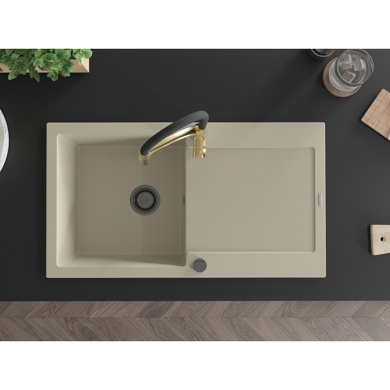 Mexen Leo 1-komorige granieten gootsteen met afdruiprek en keukenmengkraan Aster, beige - 6501-69-73450-57-B