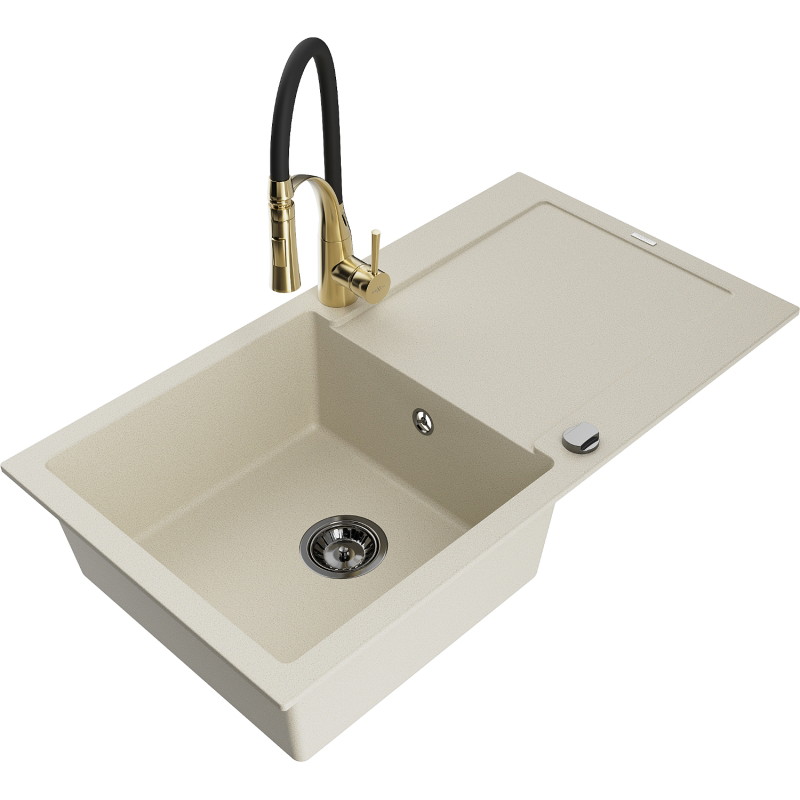 Mexen Leo fregadero de granito de 1 seno con escurridor y grifo de cocina Aster, beige - 6501-69-73450-57-B