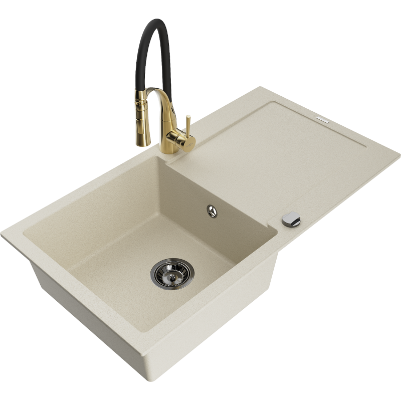 Mexen Leo lava-loiça de granito de 1 cuba com escorredor e torneira de cozinha Aster, bege - 6501-69-73450-57-B