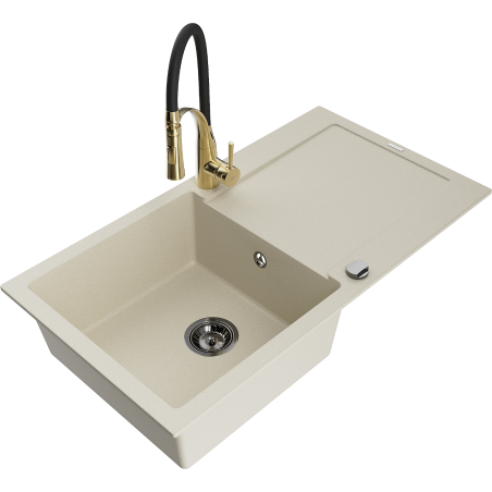 Mexen Leo granit izlietne ar vienu nodalījumu, notecinātāju un virtuves krānu Aster, bēša - 6501-69-73450-57-B