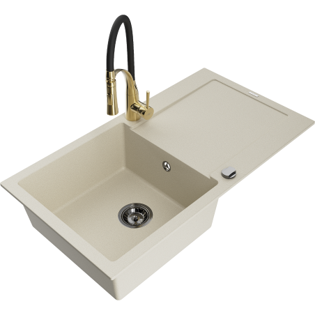 Mexen Leo Granitspüle 1-beckig mit Abtropffläche und Küchenarmatur Aster, beige - 6501-69-73450-57-B