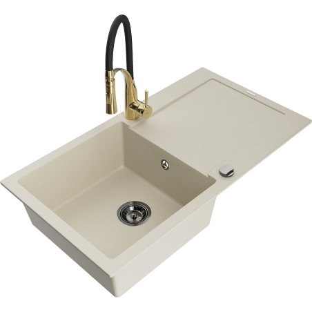 Mexen Leo Granitspüle ein Becken mit Abtropffläche und Küchenarmatur Aster, beige - 6501-69-73450-57-B