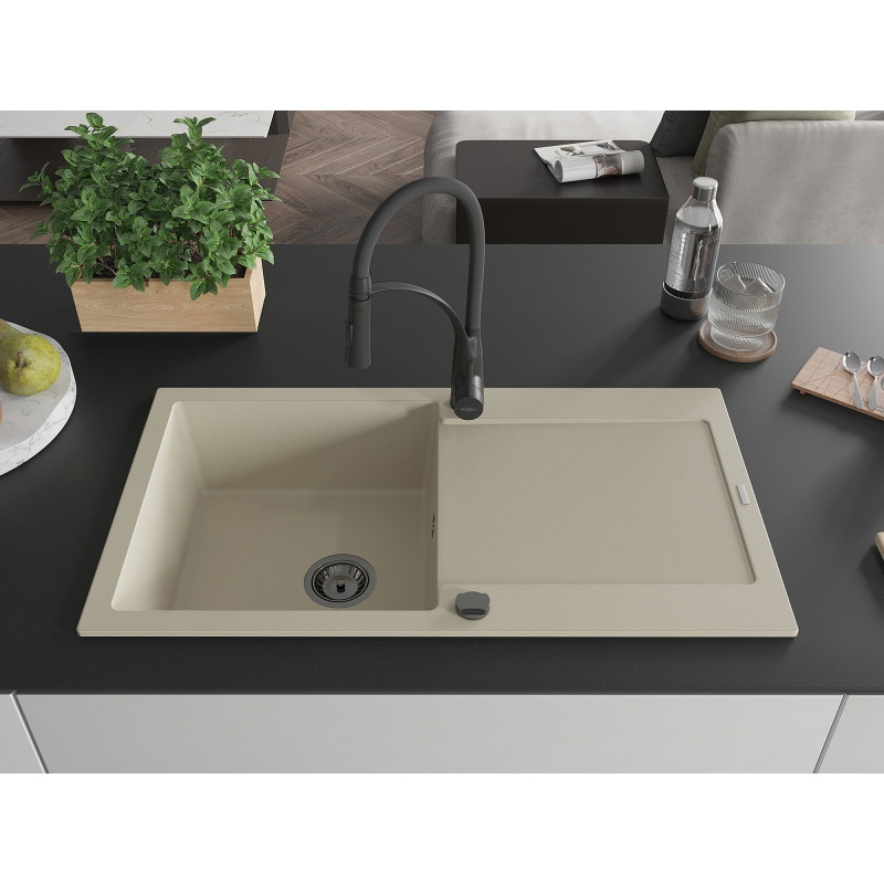 Mexen Leo lavello da cucina in granito a 1 vasca con scolapiatti e rubinetto Aster, beige - 6501-69-73450-70-B