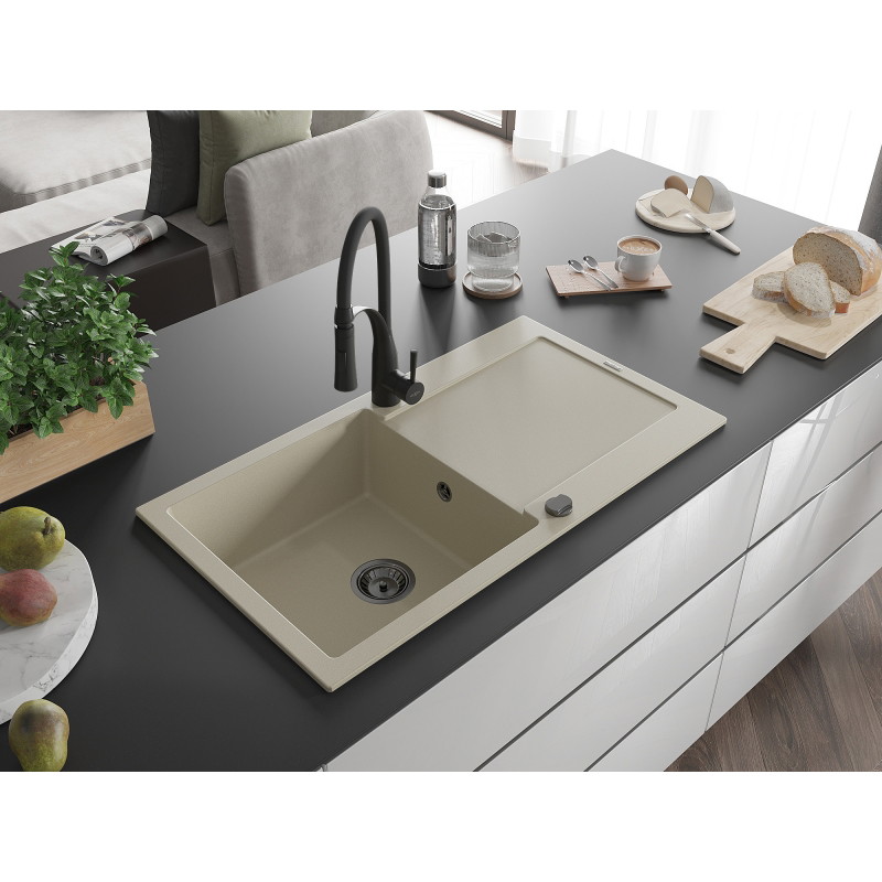 Mexen Leo granitische spoelbak met 1 bak, afdruiprek en keukenkraan Aster, beige - 6501-69-73450-70-B