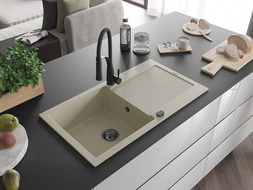 Mexen Leo Granitspüle 1-beckig mit Abtropffläche und Küchenarmatur Aster, beige - 6501-69-73450-70-B