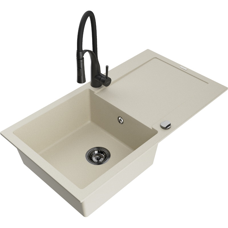 Mexen Leo fregadero de cocina de granito de 1 cubeta con escurridor y grifo de cocina Aster, beige - 6501-69-73450-70-B