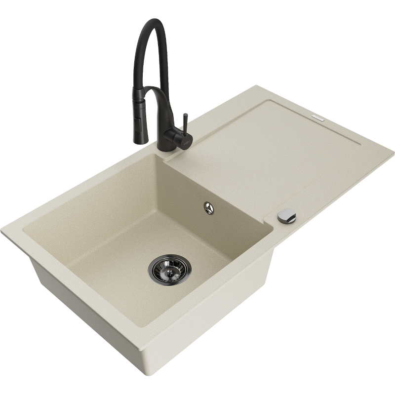 Mexen Leo fregadero de granito de 1 seno con escurridor y grifo de cocina Aster, beige - 6501-69-73450-70-B