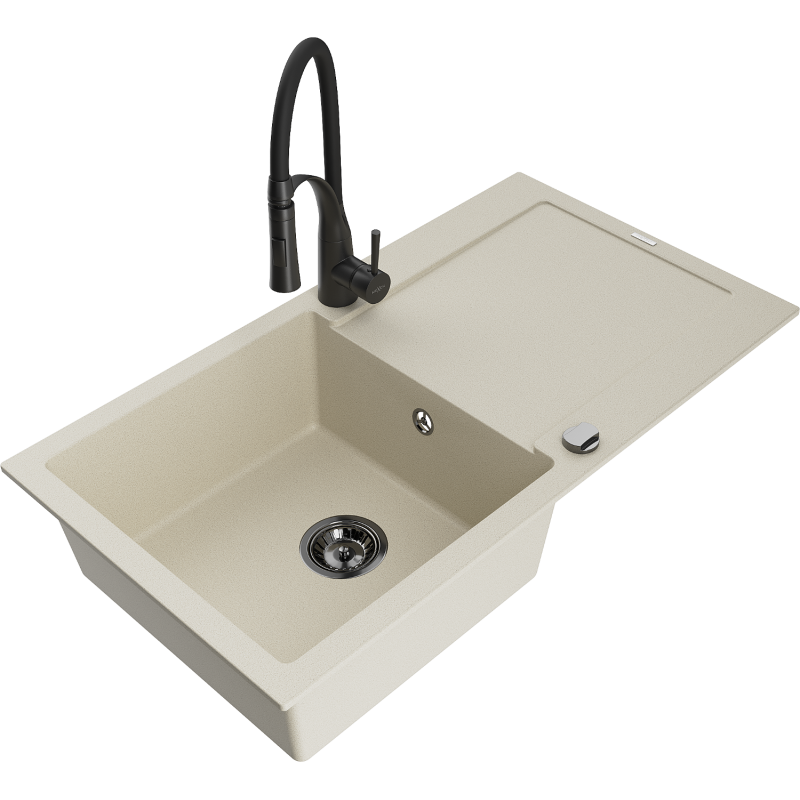 Mexen Leo Granitspüle 1-beckig mit Abtropffläche und Küchenarmatur Aster, beige - 6501-69-73450-70-B