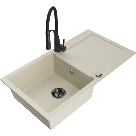 Mexen Leo Granitspüle 1-beckig mit Abtropffläche und Küchenarmatur Aster, beige - 6501-69-73450-70-B