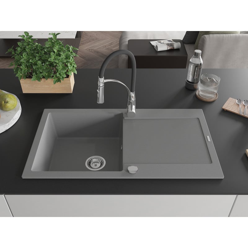 Mexen Leo 1-bowl granite sink with drainer and Aster kitchen tap, grey - 6501-71-73450-07