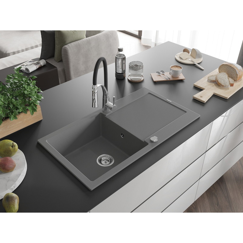 Mexen Leo Granit-Spüle 1-becken mit Abtropffläche und Küchenarmatur Aster, grau - 6501-71-73450-07