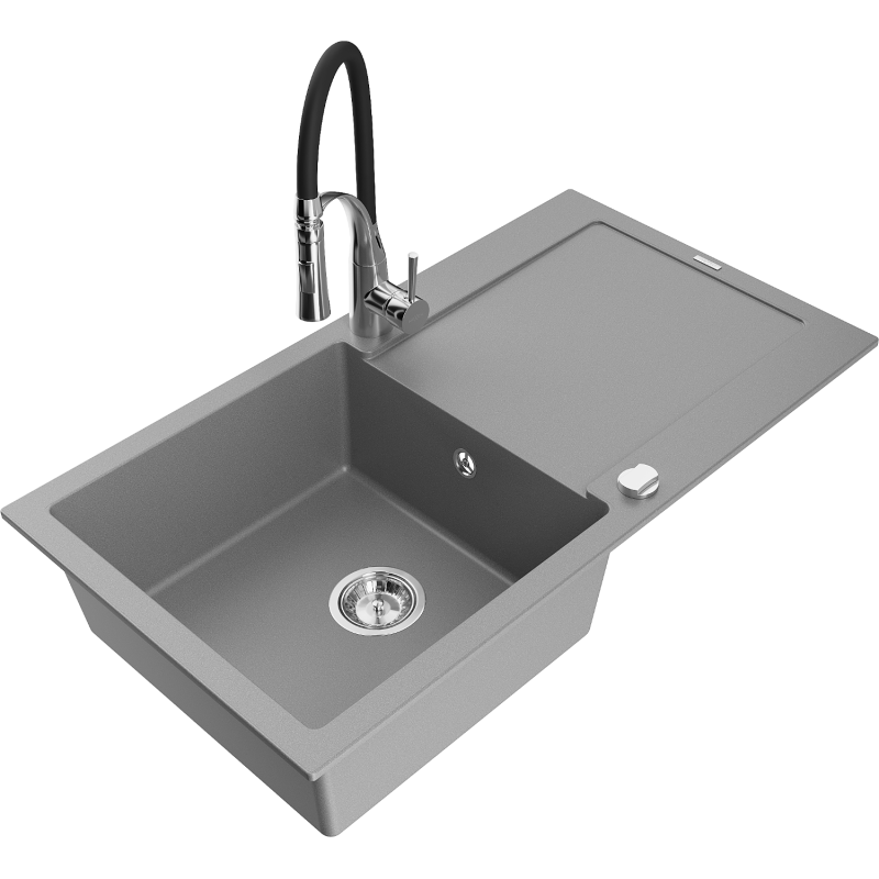 Mexen Leo 1-bowl granite sink with drainer and Aster kitchen tap, grey - 6501-71-73450-07
