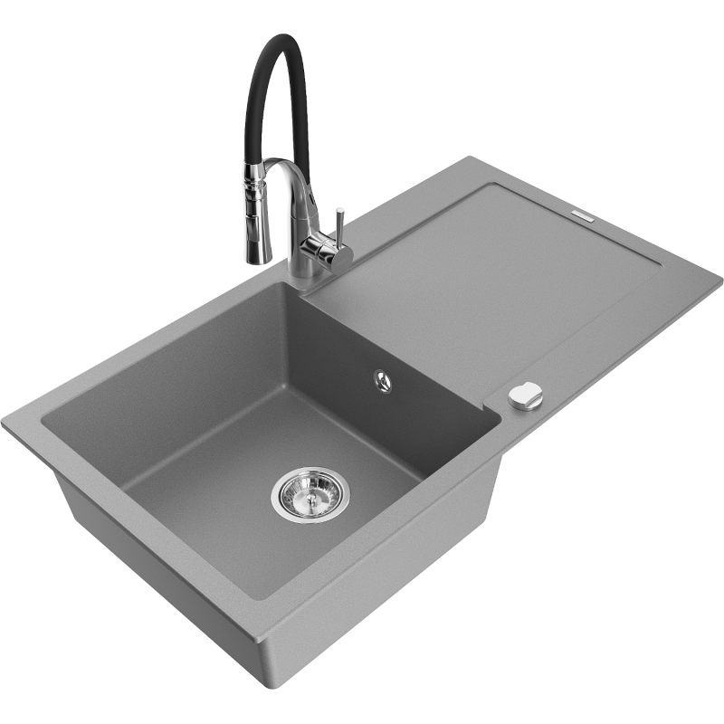 Mexen Leo lava-loiça de granito 1-cuba com escorredor e torneira de cozinha Aster, cinza - 6501-71-73450-07