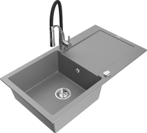 Mexen Leo 1-bowl granite sink with drainer and Aster kitchen tap, grey - 6501-71-73450-07
