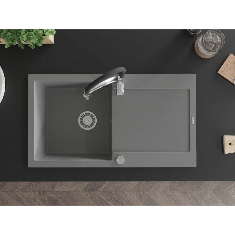 Mexen Leo 1-bowl granite sink with drainer and Aster kitchen tap, grey - 6501-71-73450-07