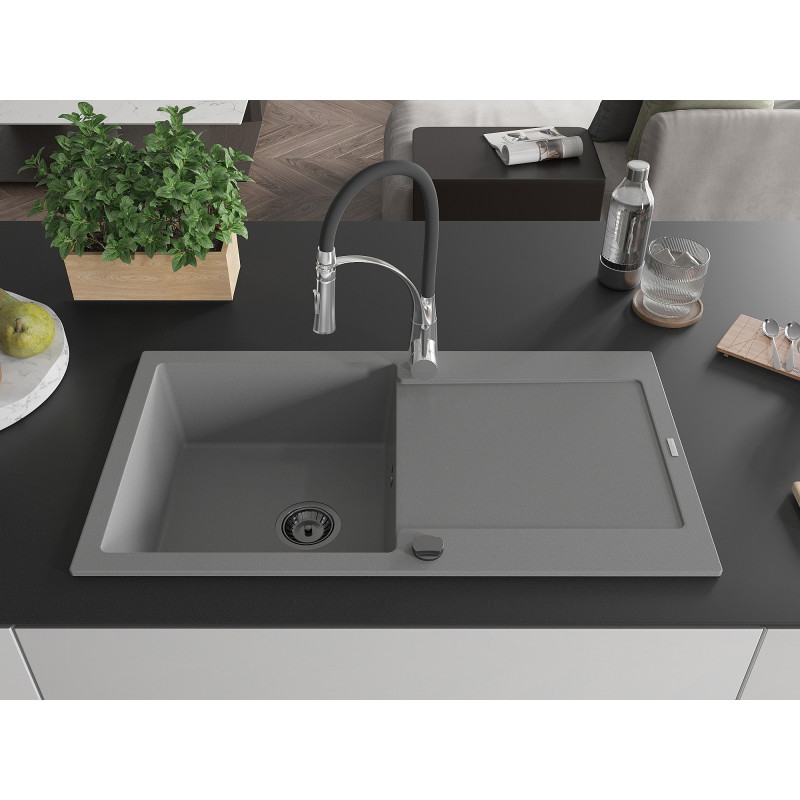 Mexen Leo granitische spoelbak 1-compartiment met afdruiprek en keukenmengkraan Aster, grijs - 6501-71-73450-07-B