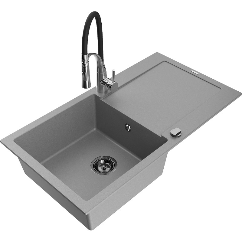 Mexen Leo fregadero de granito de 1 compartimento con escurridor y grifo de cocina Aster, gris - 6501-71-73450-07-B