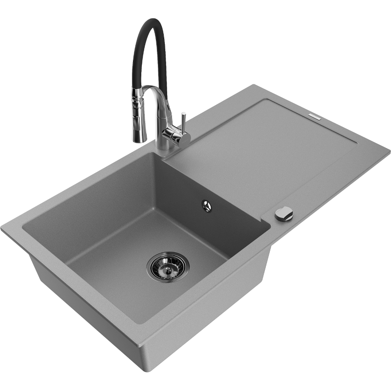 Mexen Leo fregadero de granito de 1 seno con escurridor y grifo de cocina Aster, gris - 6501-71-73450-07-B
