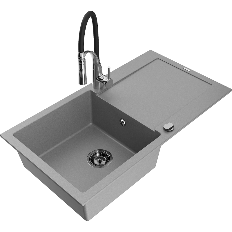 Mexen Leo lava-louça de granito de 1 cuba com escorredor e torneira de cozinha Aster, cinza - 6501-71-73450-07-B