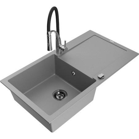 Mexen Leo granīta izlietne ar vienu nodalījumu, ar nožāvēšanas zonu un virtuves jaucējkrānu Aster, pelēks - 6501-71-73450-07-B