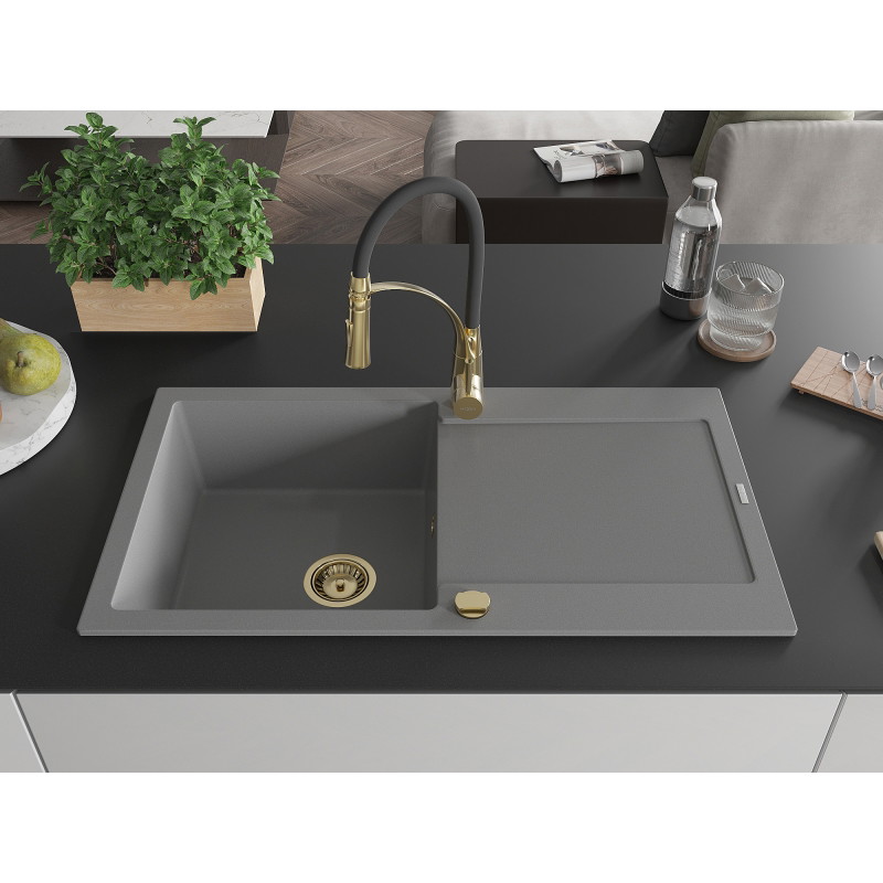 Mexen Leo fregadero de granito de 1 cubeta con escurridor y grifo de cocina Aster, gris - 6501-71-73450-57-G