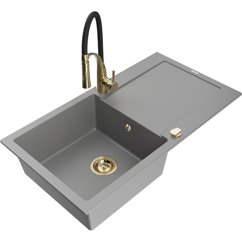 Mexen Leo fregadero de granito de 1 seno con escurridor y grifo de cocina Aster, gris - 6501-71-73450-57-G
