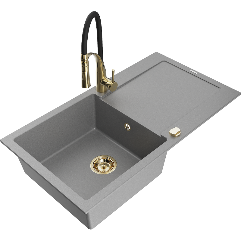 Mexen Leo granite sink 1-bowl with drainer and Aster kitchen tap, grey - 6501-71-73450-57-G