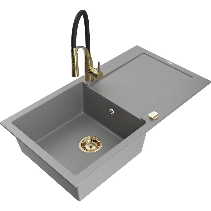 Mexen Leo granitische spoelbak met 1 kamer met afdruiprek en keukenkraan Aster, grijs - 6501-71-73450-57-G