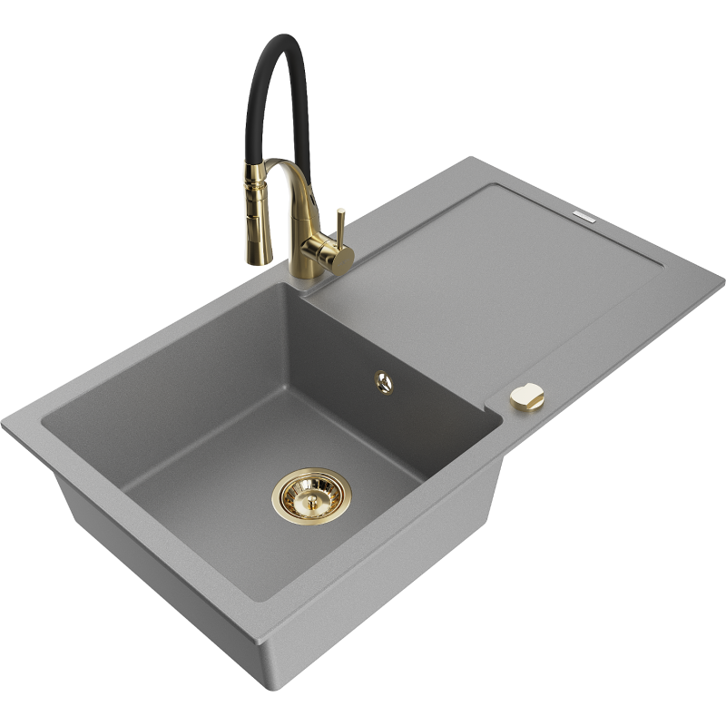 Mexen Leo lava-louça de granito 1-cuba com escorredor e torneira de cozinha Aster, cinza - 6501-71-73450-57-G