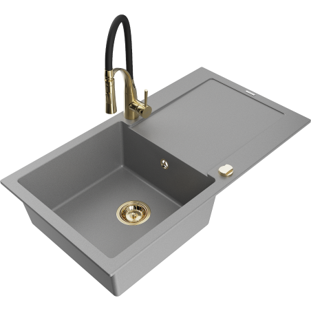 Mexen Leo fregadero de granito de 1 cubeta con escurridor y grifo de cocina Aster, gris - 6501-71-73450-57-G