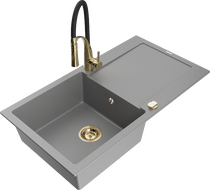 Mexen Leo granite sink 1-bowl with drainer and Aster kitchen tap, grey - 6501-71-73450-57-G
