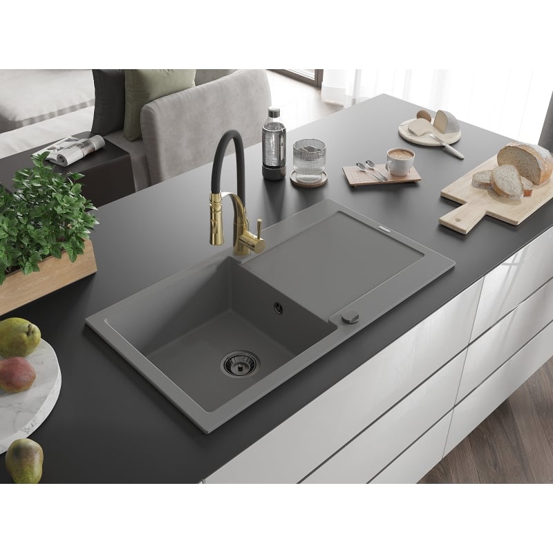 Mexen Leo Évier en granit 1 bac avec égouttoir et robinet de cuisine Aster, gris - 6501-71-73450-57-B