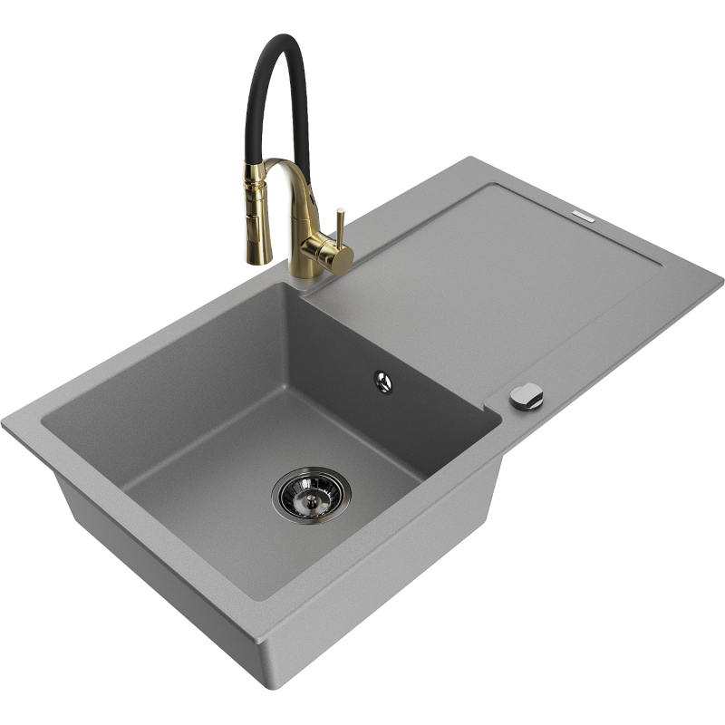 Mexen Leo lava-loiça em granito de uma cuba com escorredor e torneira de cozinha Aster, cinza - 6501-71-73450-57-B