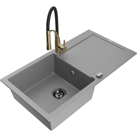 Mexen Leo Granitspüle 1-Becken mit Abtropffläche und Küchenarmatur Aster, grau - 6501-71-73450-57-B