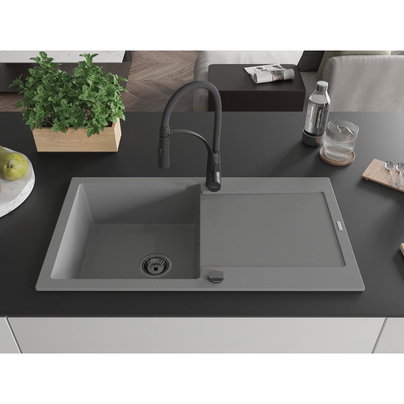 Mexen Leo fregadero de granito de 1 cubeta con escurridor y grifo de cocina Aster, gris - 6501-71-73450-70-B