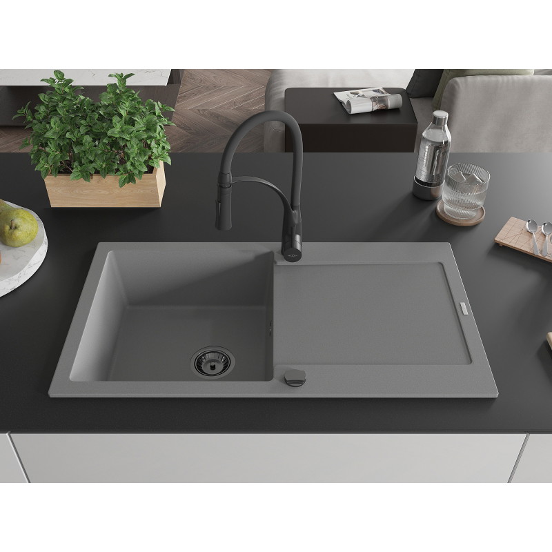 Mexen Leo Granitspüle 1-Becken mit Abtropffläche und Küchenarmatur Aster, grau - 6501-71-73450-70-B